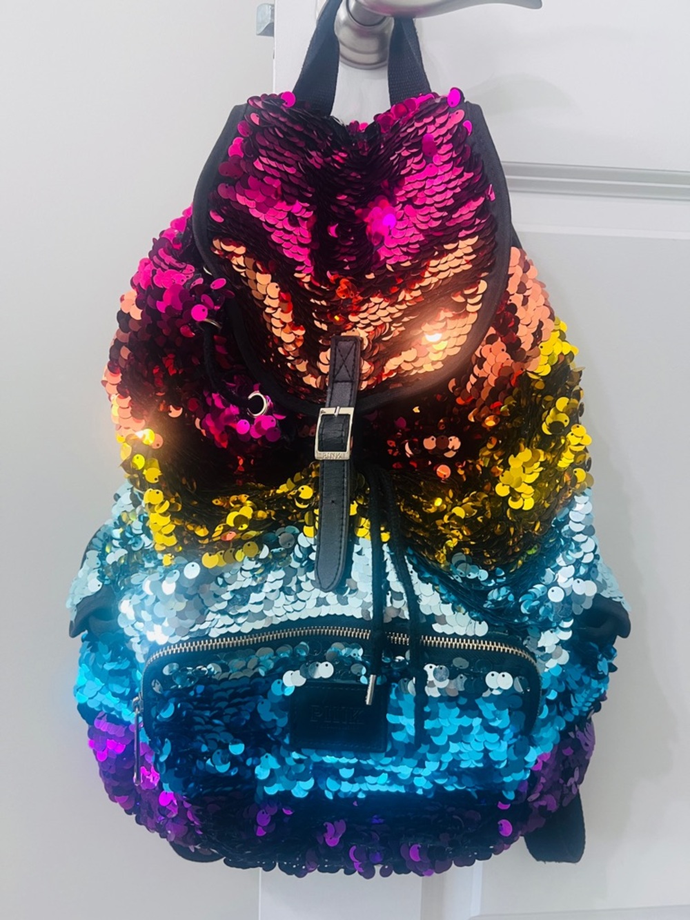Rare Pink Victoria Secret rainbow Sequins Bling Backpack  EUC limited Editio